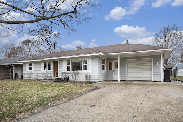 single story home featuring a garage, concrete driveway, a front lawn, and a chimney