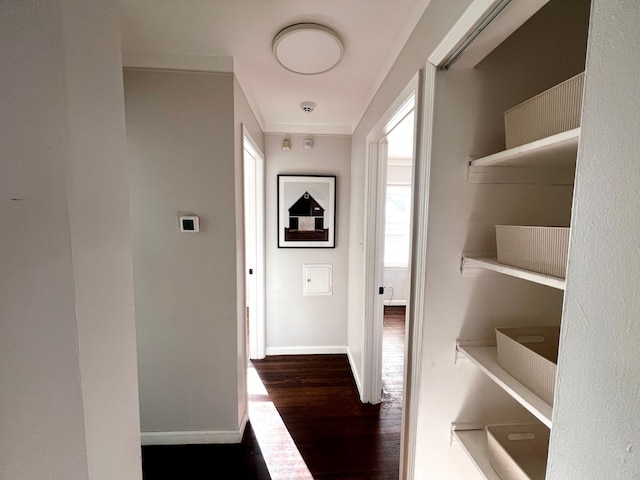 hallway with dark wood-type flooring and baseboards