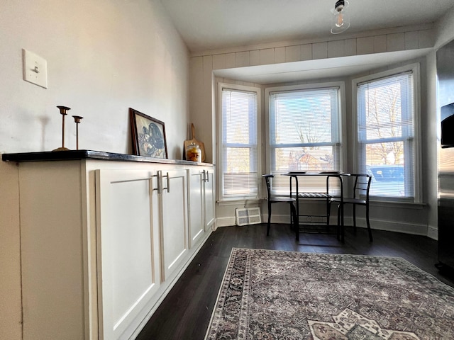 dining room with dark wood-style floors, a wealth of natural light, and baseboards