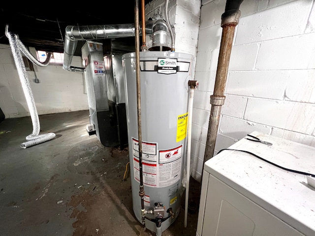 utility room featuring washer / clothes dryer, water heater, and heating unit