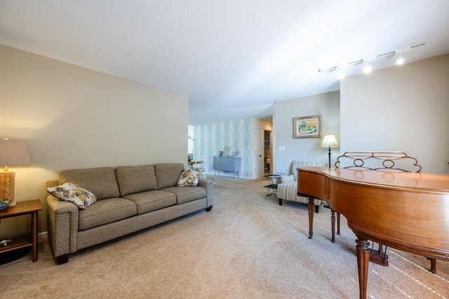 living area with rail lighting and light colored carpet