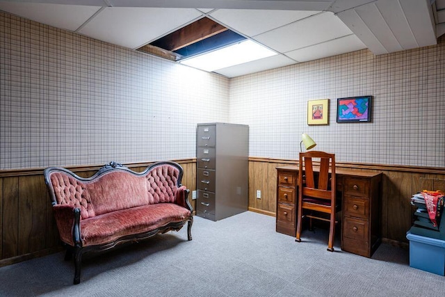 office with carpet, a wainscoted wall, a paneled ceiling, and wallpapered walls