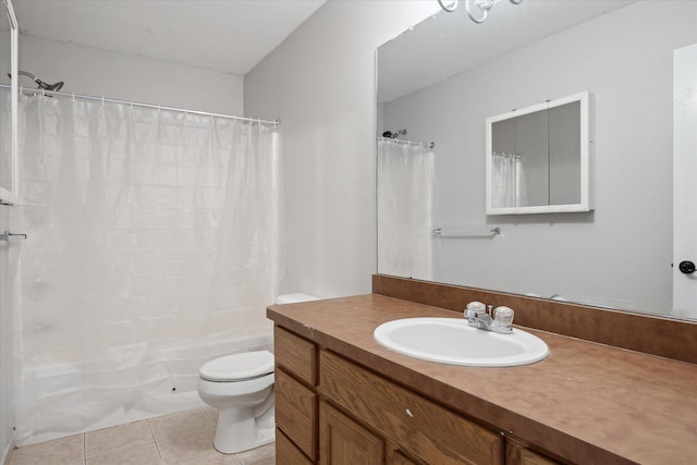 bathroom with vanity, shower / bath combination with curtain, tile patterned flooring, and toilet