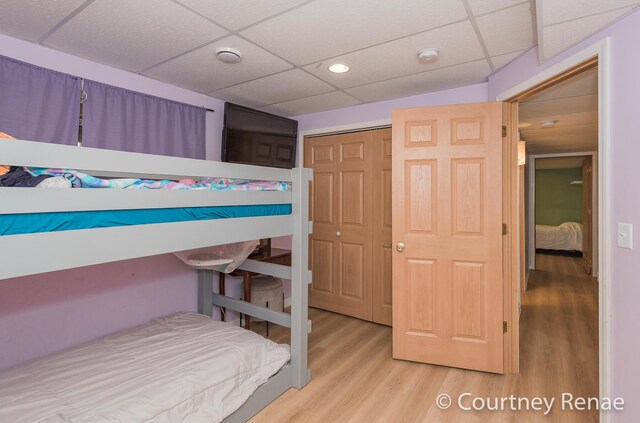 bedroom featuring a drop ceiling and light wood-type flooring