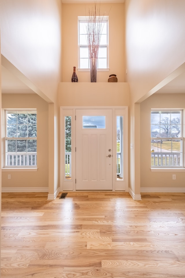 entryway featuring light wood-type flooring, a healthy amount of sunlight, and a towering ceiling