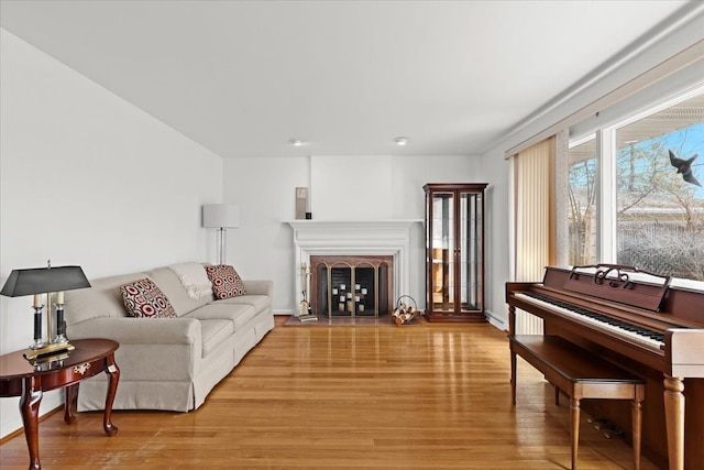 living room with a fireplace, light wood-type flooring, and baseboards