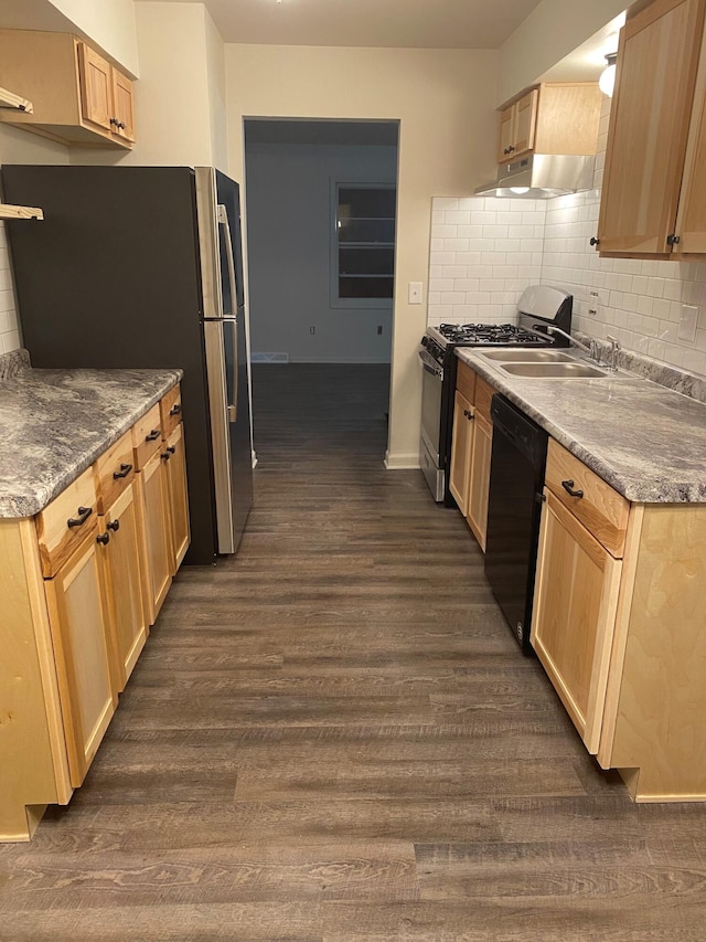 kitchen featuring dark wood-style flooring, light brown cabinets, under cabinet range hood, and black appliances