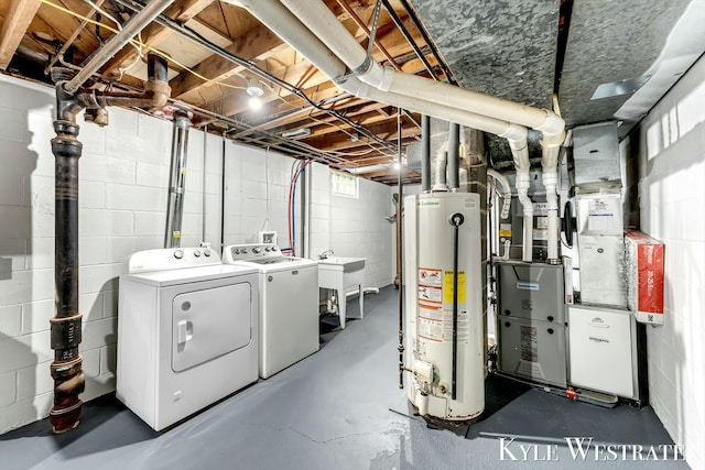 unfinished below grade area with gas water heater, a sink, washing machine and clothes dryer, and heating unit