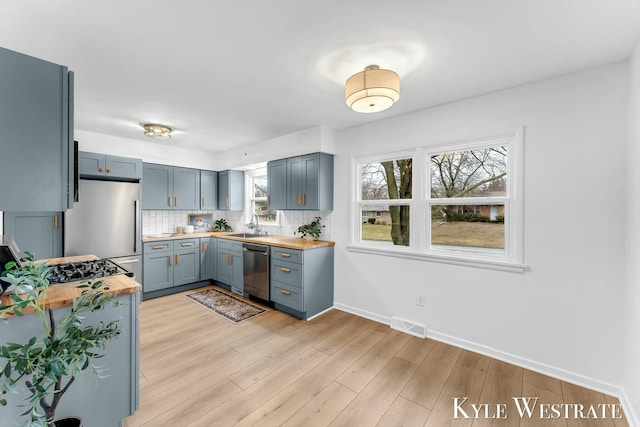 kitchen with appliances with stainless steel finishes, light wood-style floors, wooden counters, and backsplash