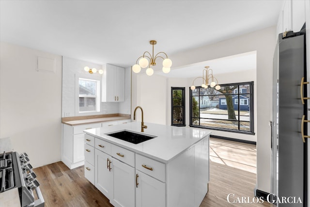 kitchen featuring light wood-type flooring, stainless steel range with gas cooktop, a wealth of natural light, and a sink