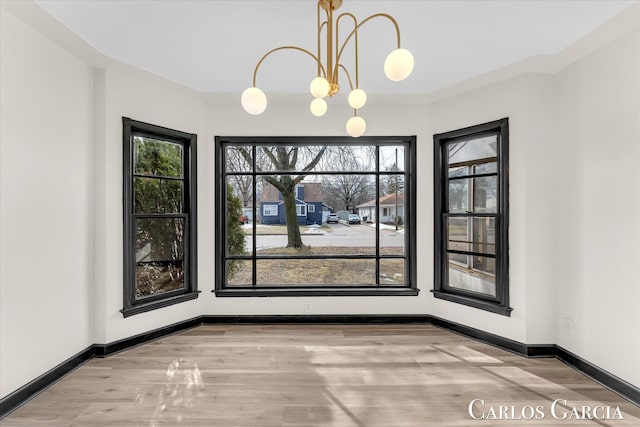 unfurnished dining area with plenty of natural light, baseboards, and wood finished floors