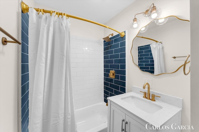 bathroom featuring shower / tub combo with curtain and vanity