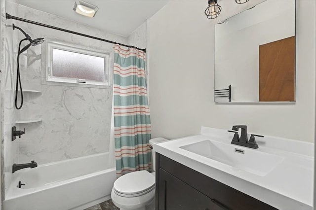 full bathroom with toilet, shower / tub combo, visible vents, and vanity