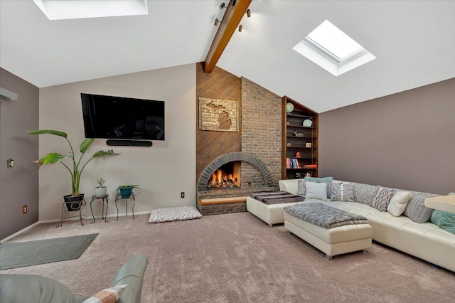 living area featuring vaulted ceiling with skylight, baseboards, built in features, carpet, and a brick fireplace