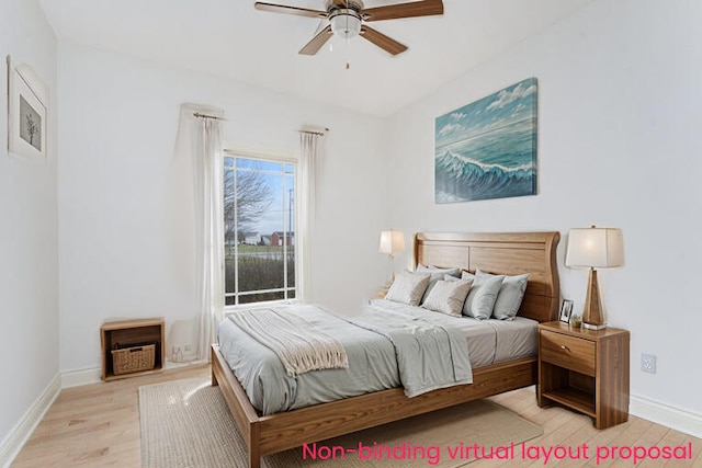 bedroom featuring ceiling fan, light wood finished floors, and baseboards