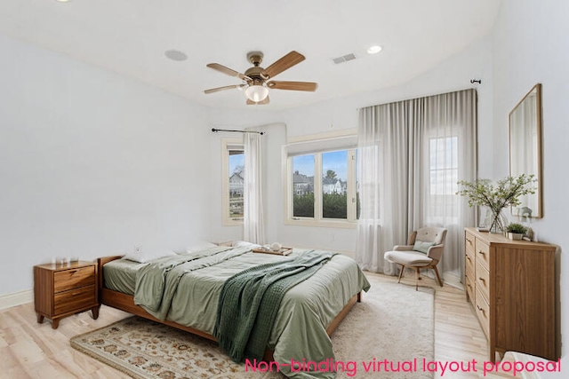 bedroom with light wood-type flooring, ceiling fan, baseboards, and recessed lighting