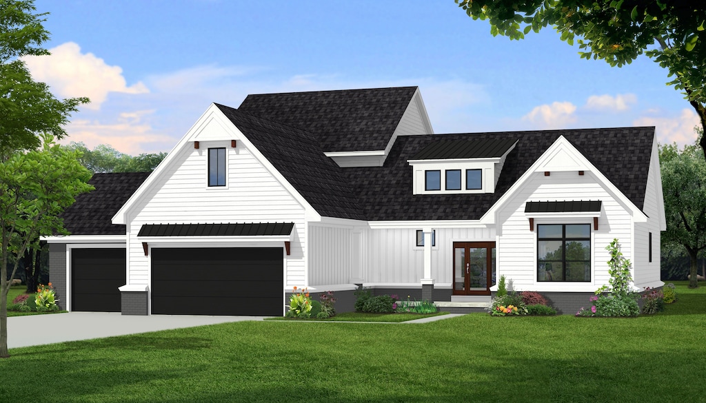 modern farmhouse style home featuring driveway, roof with shingles, a front yard, and french doors