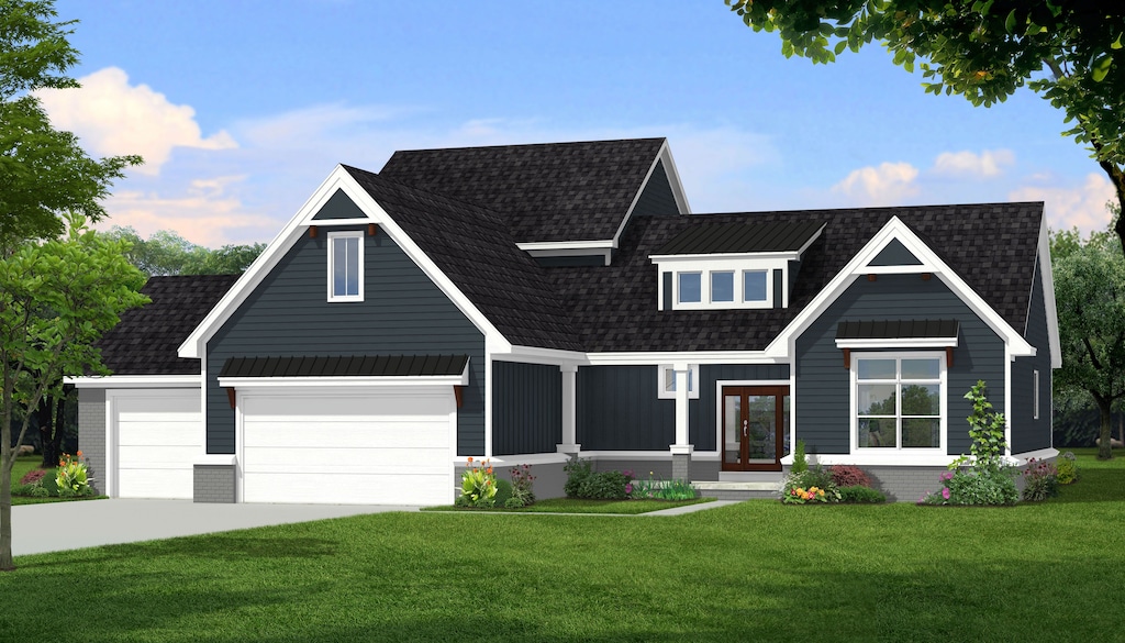 view of front of house featuring driveway, roof with shingles, french doors, and a front yard