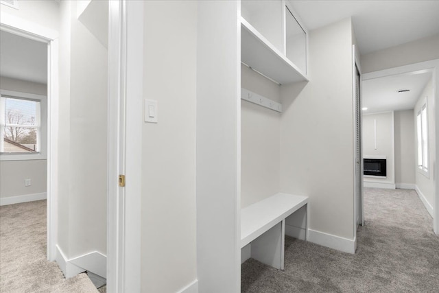 mudroom featuring plenty of natural light, carpet, a glass covered fireplace, and baseboards