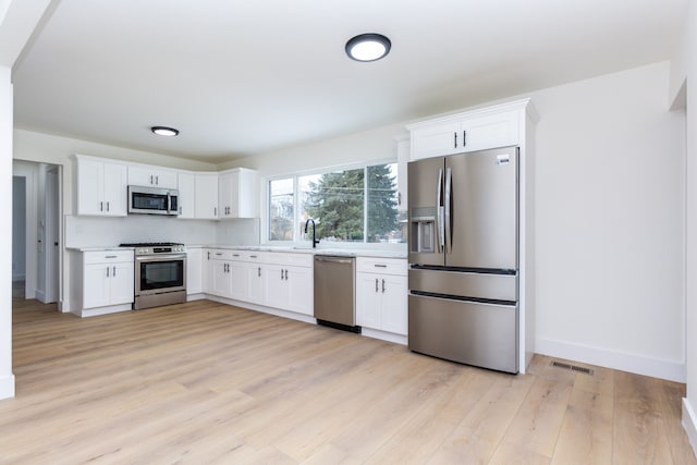 kitchen with stainless steel appliances, baseboards, white cabinets, light countertops, and light wood finished floors