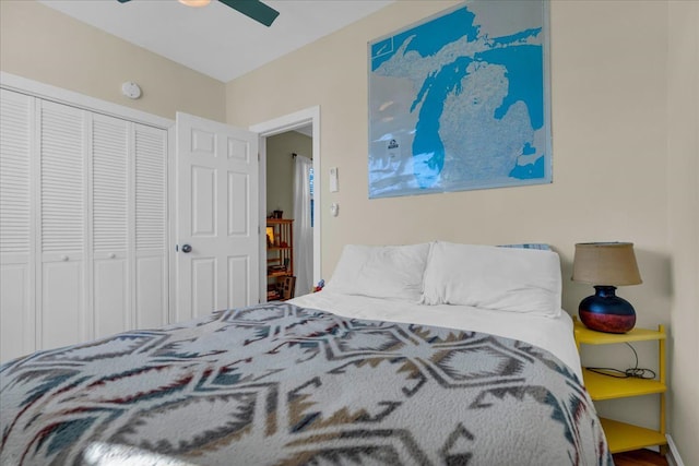 bedroom featuring a closet and a ceiling fan