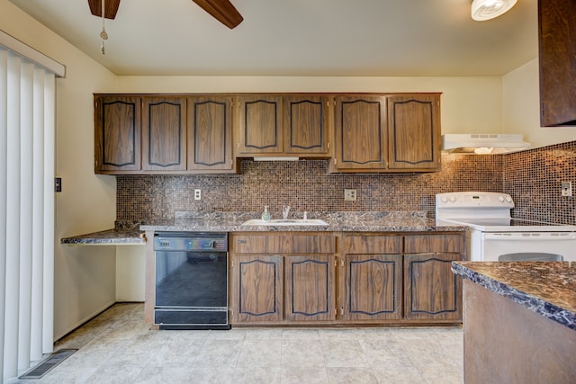 kitchen with visible vents, a sink, electric stove, under cabinet range hood, and dishwasher