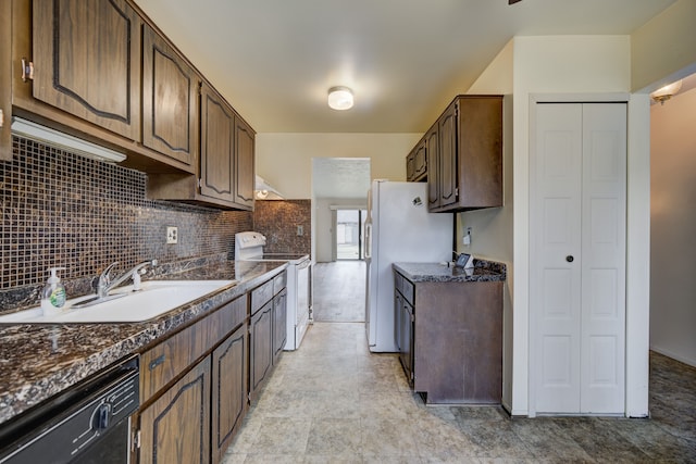 kitchen with a sink, dark countertops, white appliances, dark brown cabinetry, and decorative backsplash