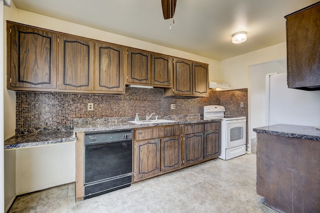 kitchen with backsplash, under cabinet range hood, white appliances, a ceiling fan, and a sink