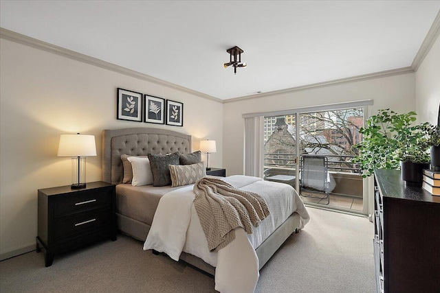 bedroom with baseboards, access to outside, ornamental molding, and light colored carpet