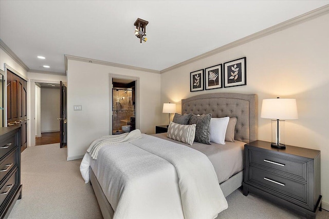 bedroom with recessed lighting, light carpet, crown molding, and baseboards