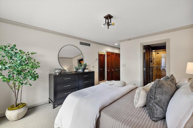 bedroom with baseboards, visible vents, light colored carpet, ornamental molding, and a closet