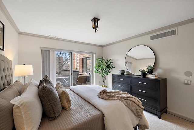 bedroom with light carpet, access to outside, visible vents, and crown molding