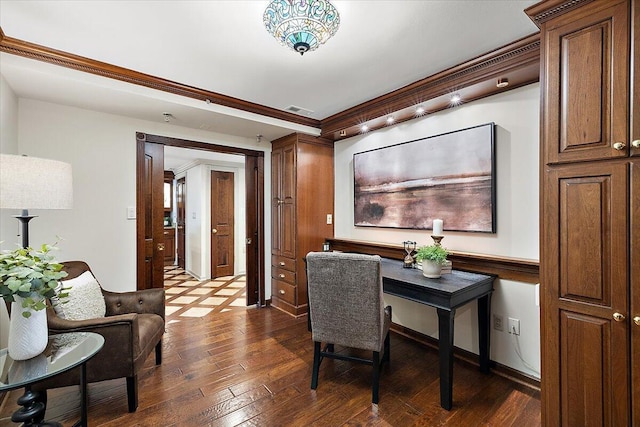 home office featuring crown molding, visible vents, dark wood finished floors, and baseboards