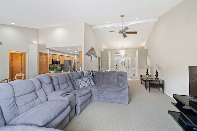 living room featuring ceiling fan, high vaulted ceiling, recessed lighting, light colored carpet, and baseboards