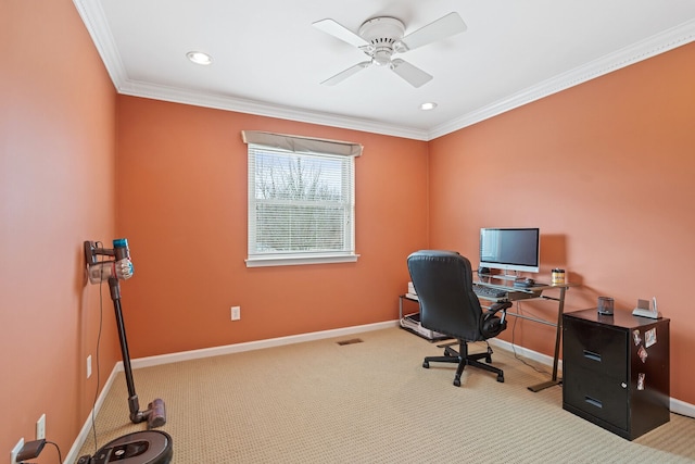 carpeted office featuring baseboards, recessed lighting, a ceiling fan, and crown molding