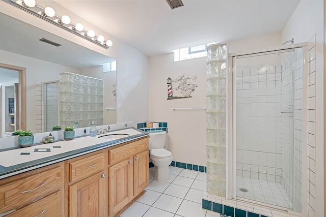 bathroom featuring a stall shower, visible vents, toilet, and tile patterned floors