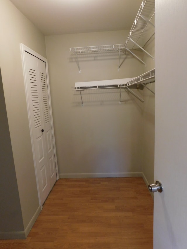 walk in closet with wood finished floors