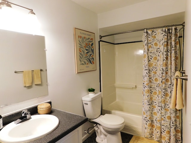 full bathroom with tile patterned flooring, shower / tub combo with curtain, vanity, and toilet