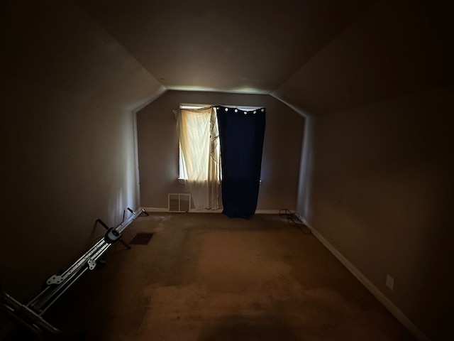 additional living space featuring lofted ceiling, carpet floors, visible vents, and baseboards