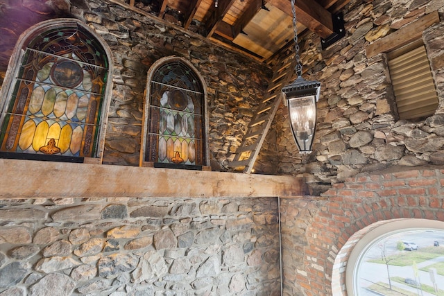 details with wood ceiling and beam ceiling