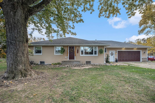 single story home with a garage, driveway, a front lawn, and roof with shingles