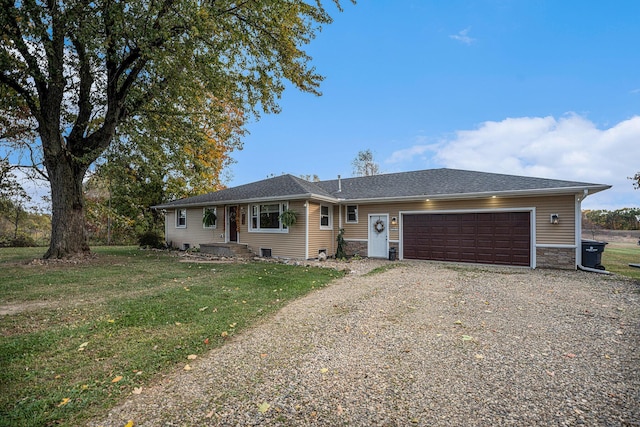 ranch-style house featuring a garage, stone siding, gravel driveway, and a front yard