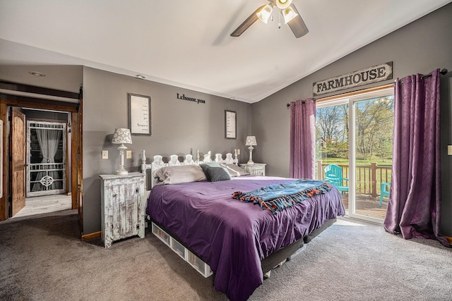 carpeted bedroom featuring lofted ceiling, access to exterior, and ceiling fan