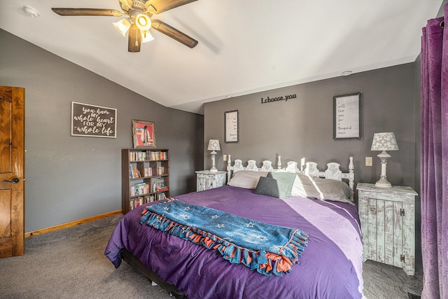 bedroom with lofted ceiling, ceiling fan, carpet, and baseboards