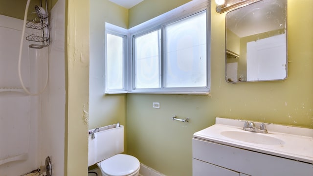 bathroom with toilet, a shower, and vanity