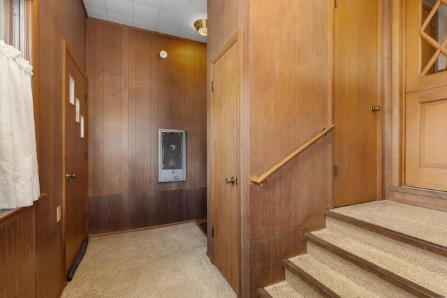 staircase with carpet and wooden walls