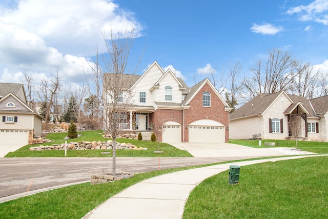 traditional home featuring brick siding, a porch, a garage, driveway, and a front lawn