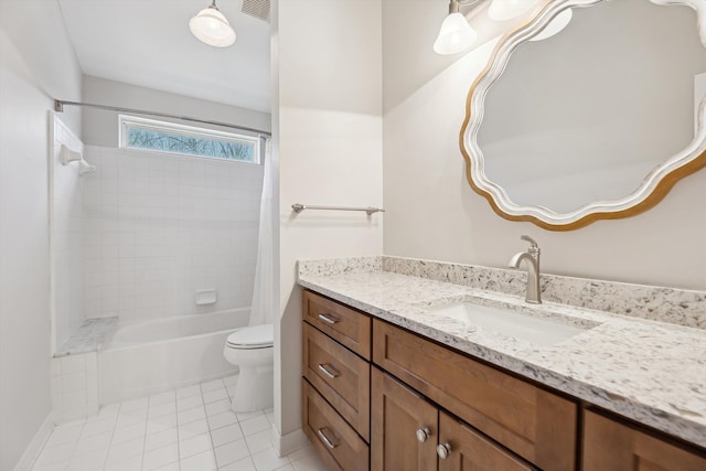 bathroom featuring tile patterned flooring, visible vents, toilet, vanity, and shower / bathtub combination with curtain