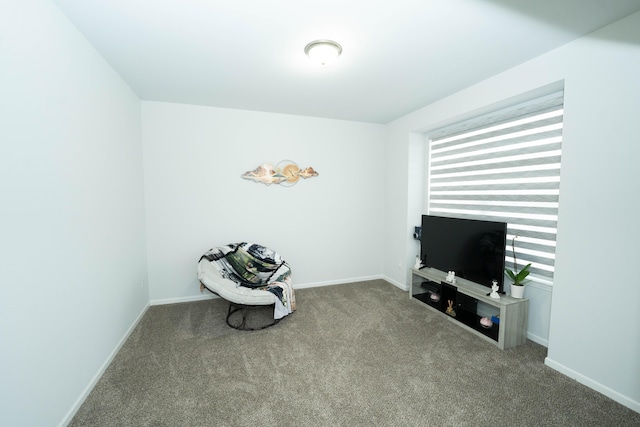 sitting room featuring carpet flooring and baseboards