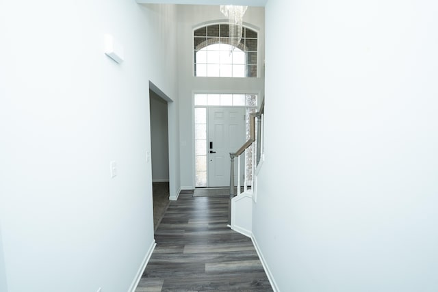 entrance foyer featuring dark wood finished floors, a towering ceiling, baseboards, and an inviting chandelier